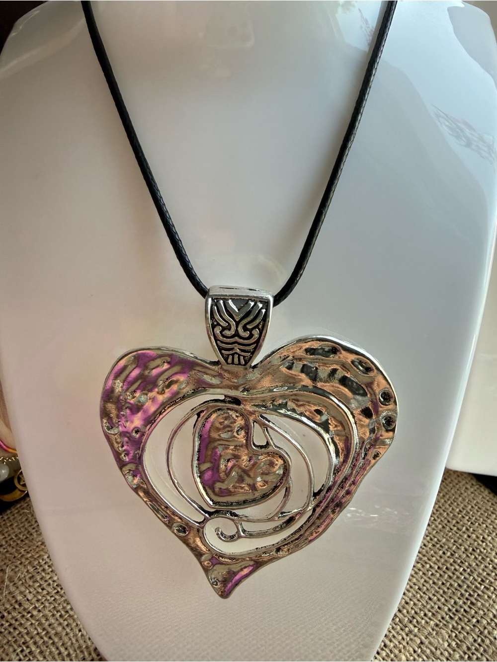 Silver-Tone Pink Accented Heart Pendant Necklace